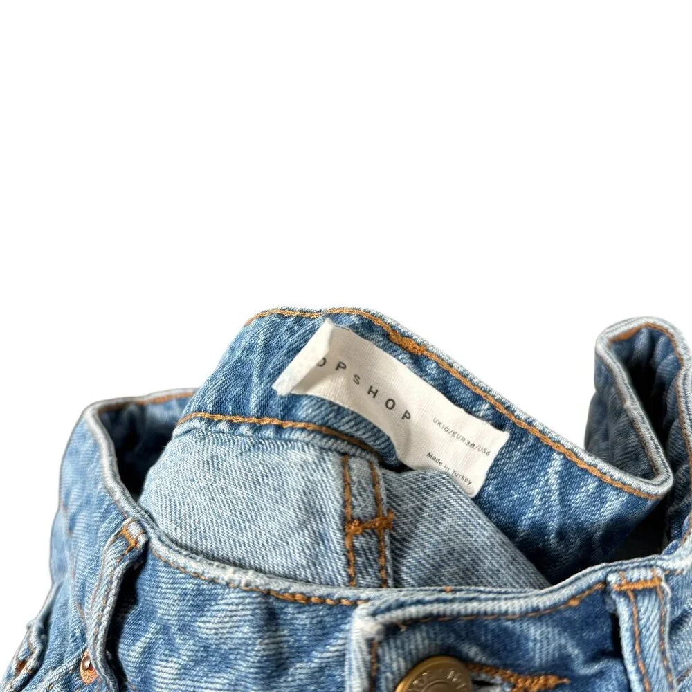 Topshop Denim Jean Shorts Womens 6 Blue Distressed Raw Hem 90s High Rise